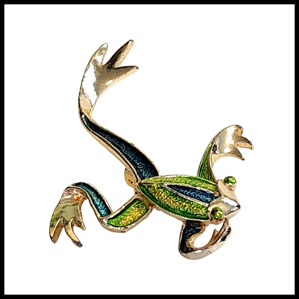 Vintage Leaping Jumping Frog Brooch Pin Green Teal Enamel Silver Tone